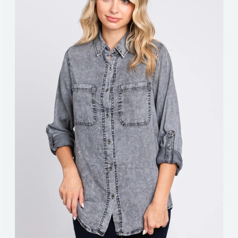 Casual Gray Button-Down Shirt for Women